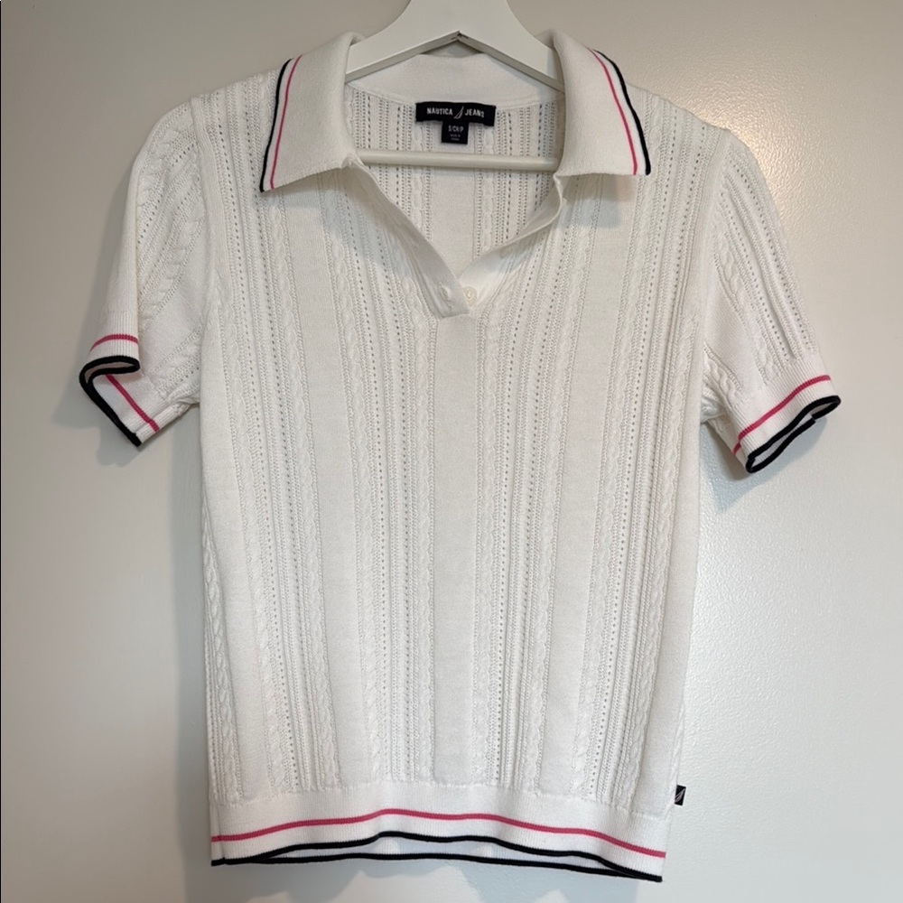 Nautica Women’s White Knit Polo Shirt with Striped Trim